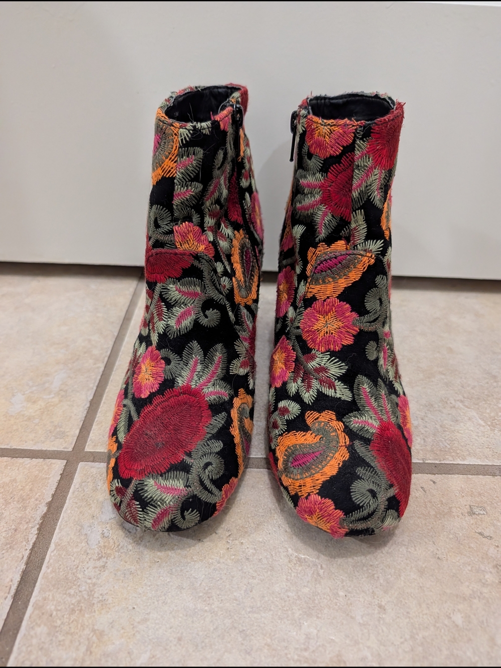 MIA Black Velvet Ankle Boots with Red, Orange & Green Floral Embroidery